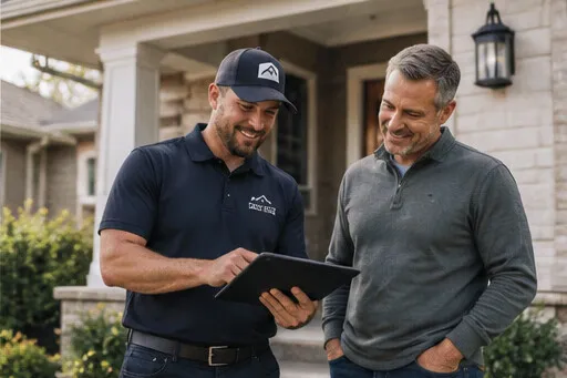 Contractor showing a homeowner something on a tablet in front of the house