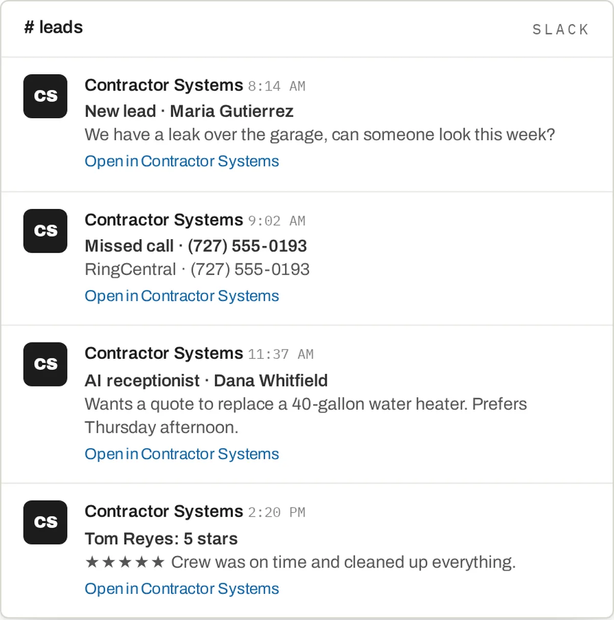 How slack activity appears in Contractor Systems